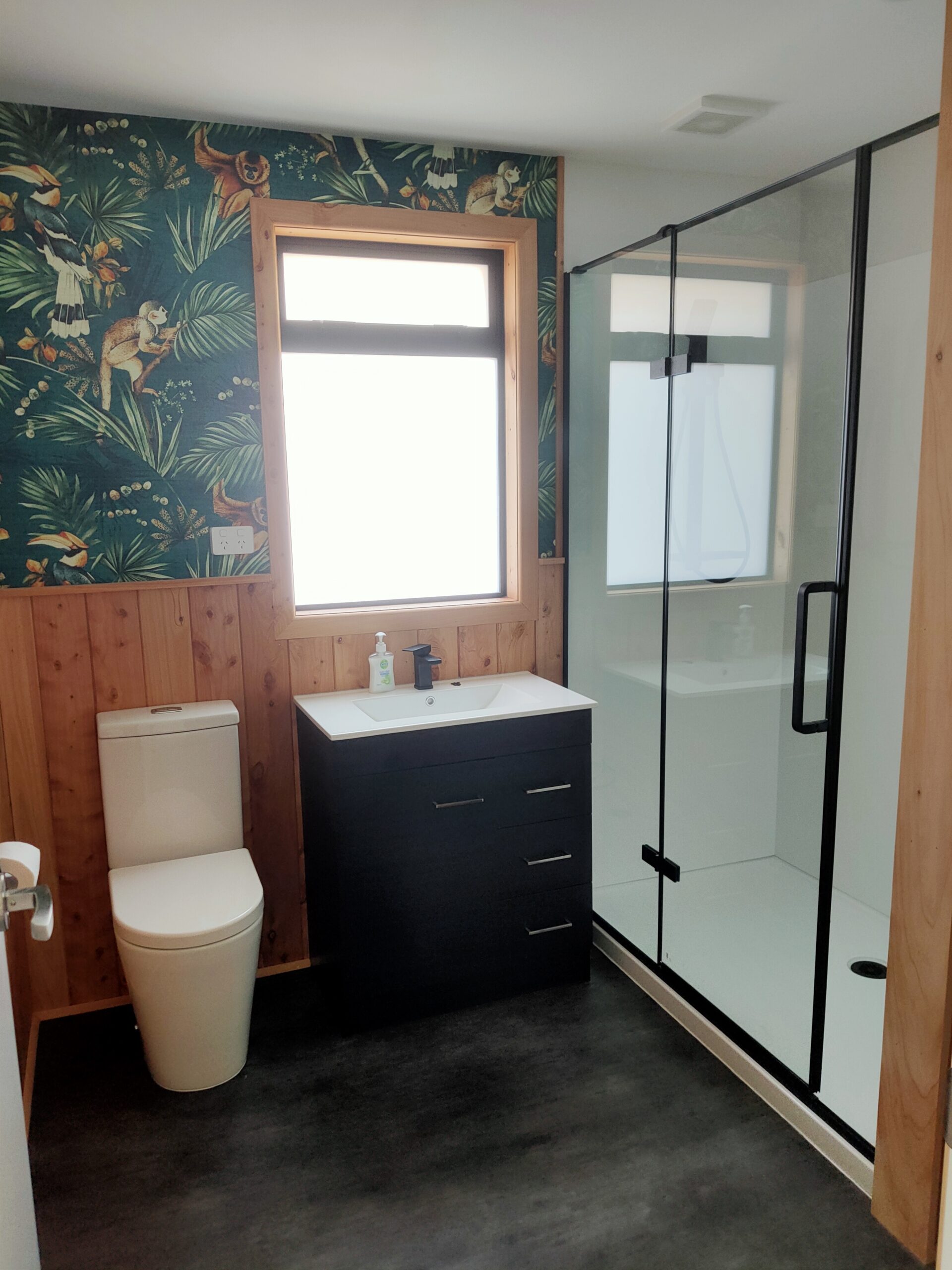 Macrocarpa paneling in bathroom